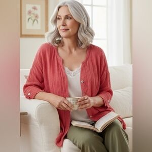 Soft Surroundings Medium Petite Button Down Hot Pink Solid Linen Blend